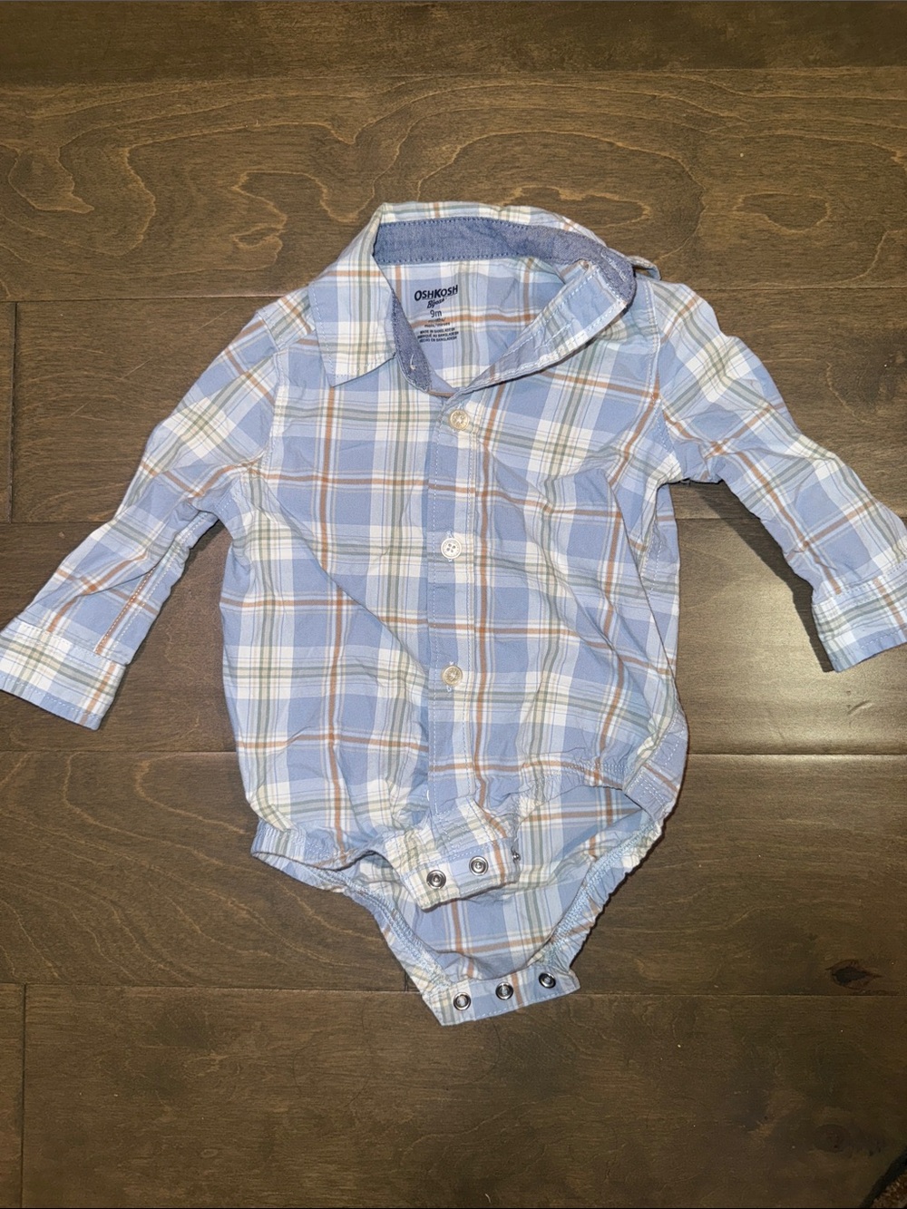 OshKosh B'gosh Light Blue Plaid Long-Sleeve One-Piece Bodysuit Size 9 months